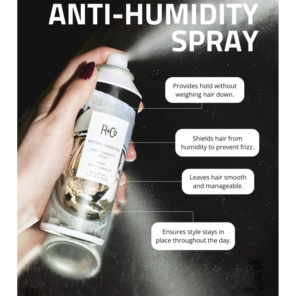 R+Co Moon Landing spray packaging and cap detail emphasizing premium care and protection.