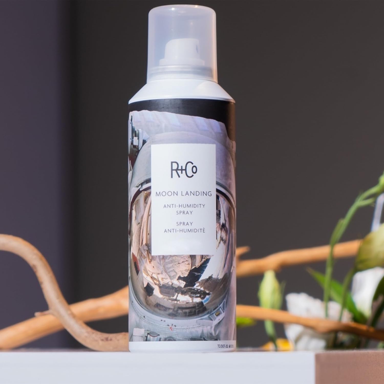 R+Co Moon Landing spray near-styling snapshot showing flexible hold.