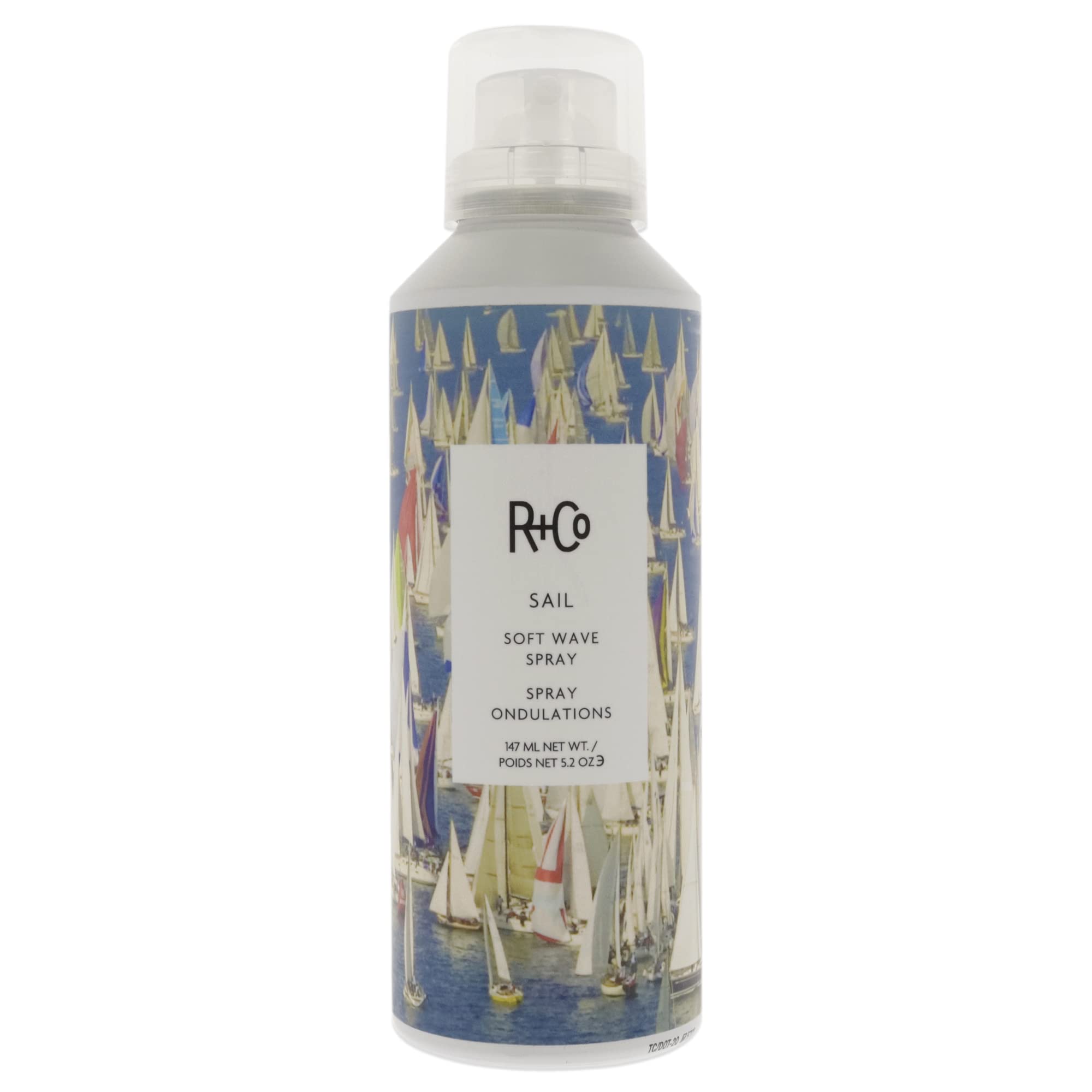 R+Co Sail Soft Wave Spray bottle closeup showing natural volume potential