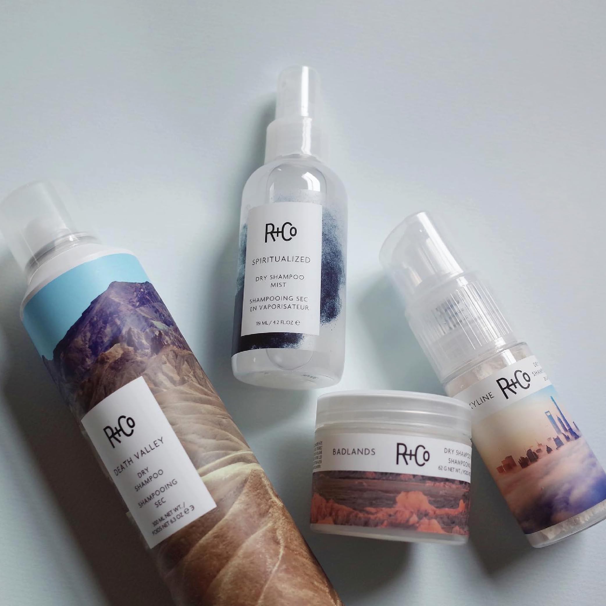R+Co Skyline Dry Shampoo Powder features jojoba seed oil for conditioning and shine.