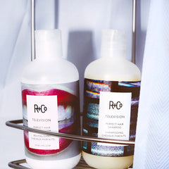R+Co Television conditioner juniper extract close-up balanced scalp moisture.