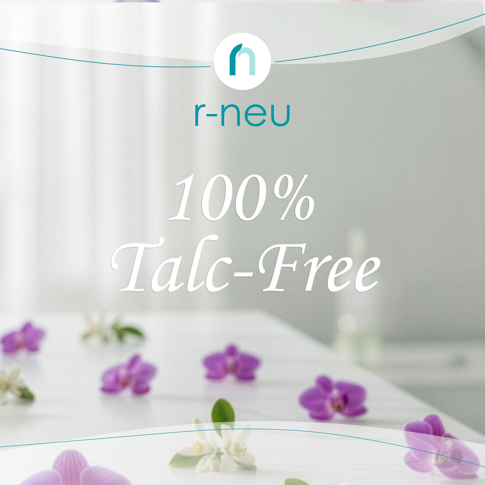 R-NEU talc-free body powder offers a gentle after-bath feel and can help skin stay dry.