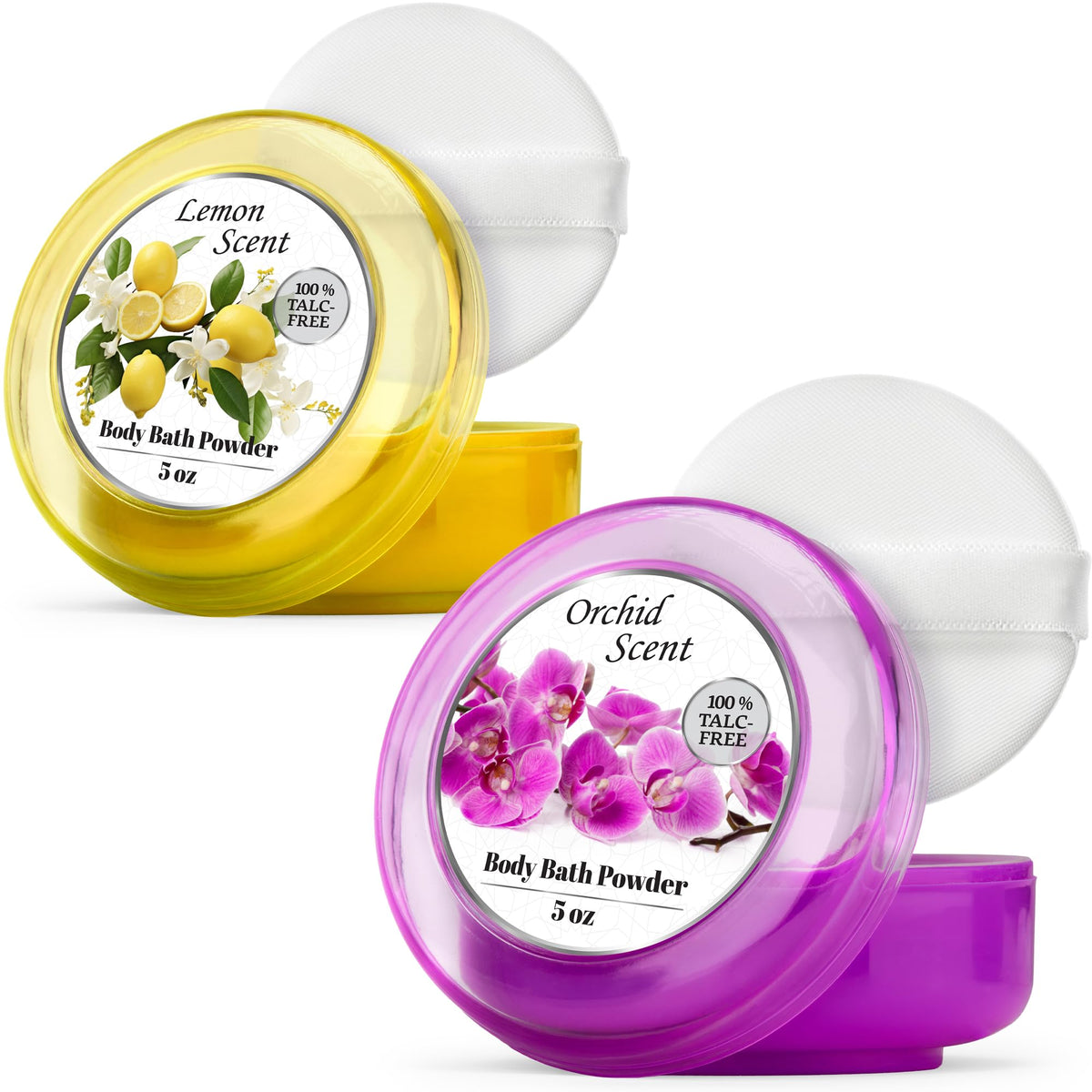 R-NEU body powder bottle with luminous lemon scent for soft, dry skin after bath