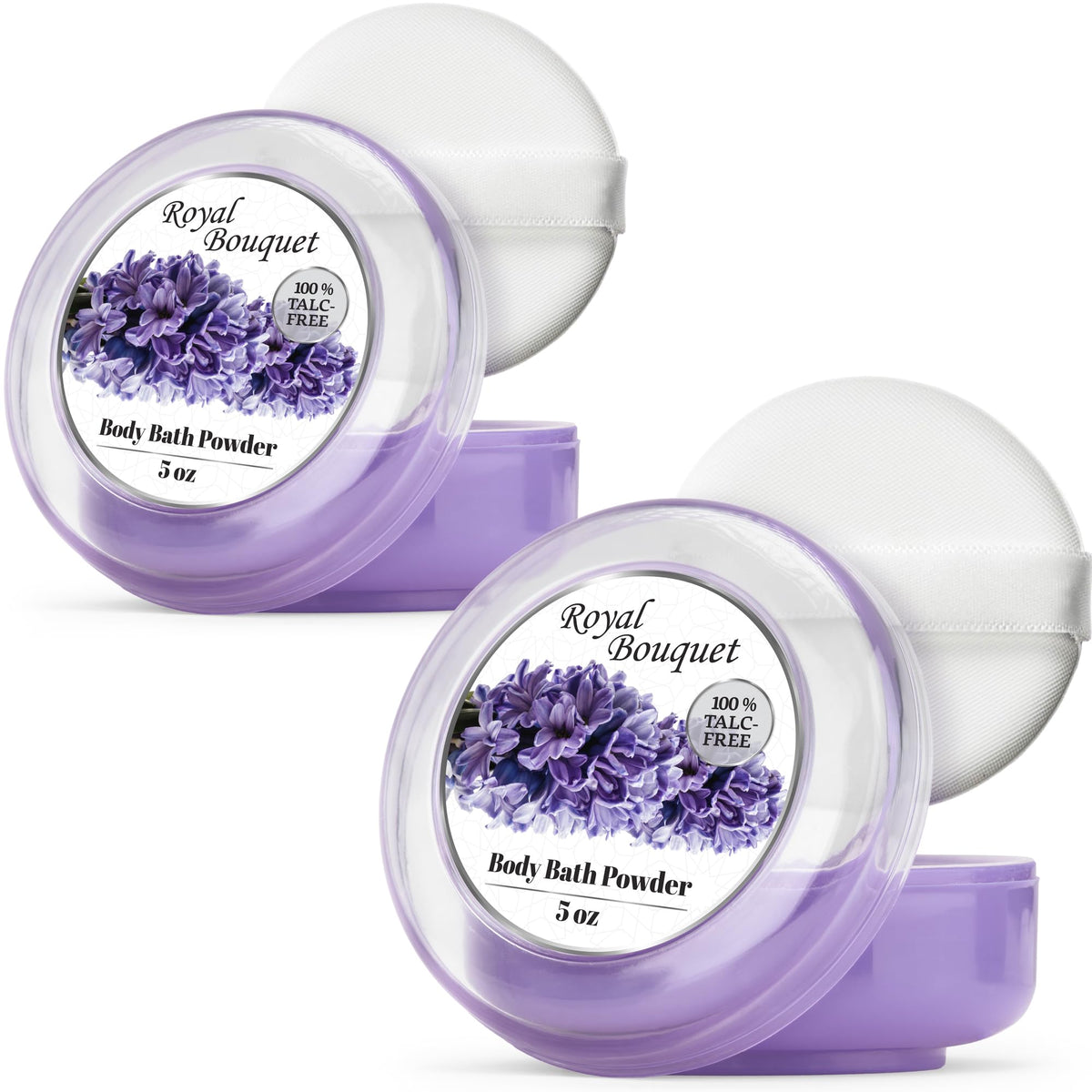 R-NEU body powder with royal bouquet scent and plush puff for easy application.
