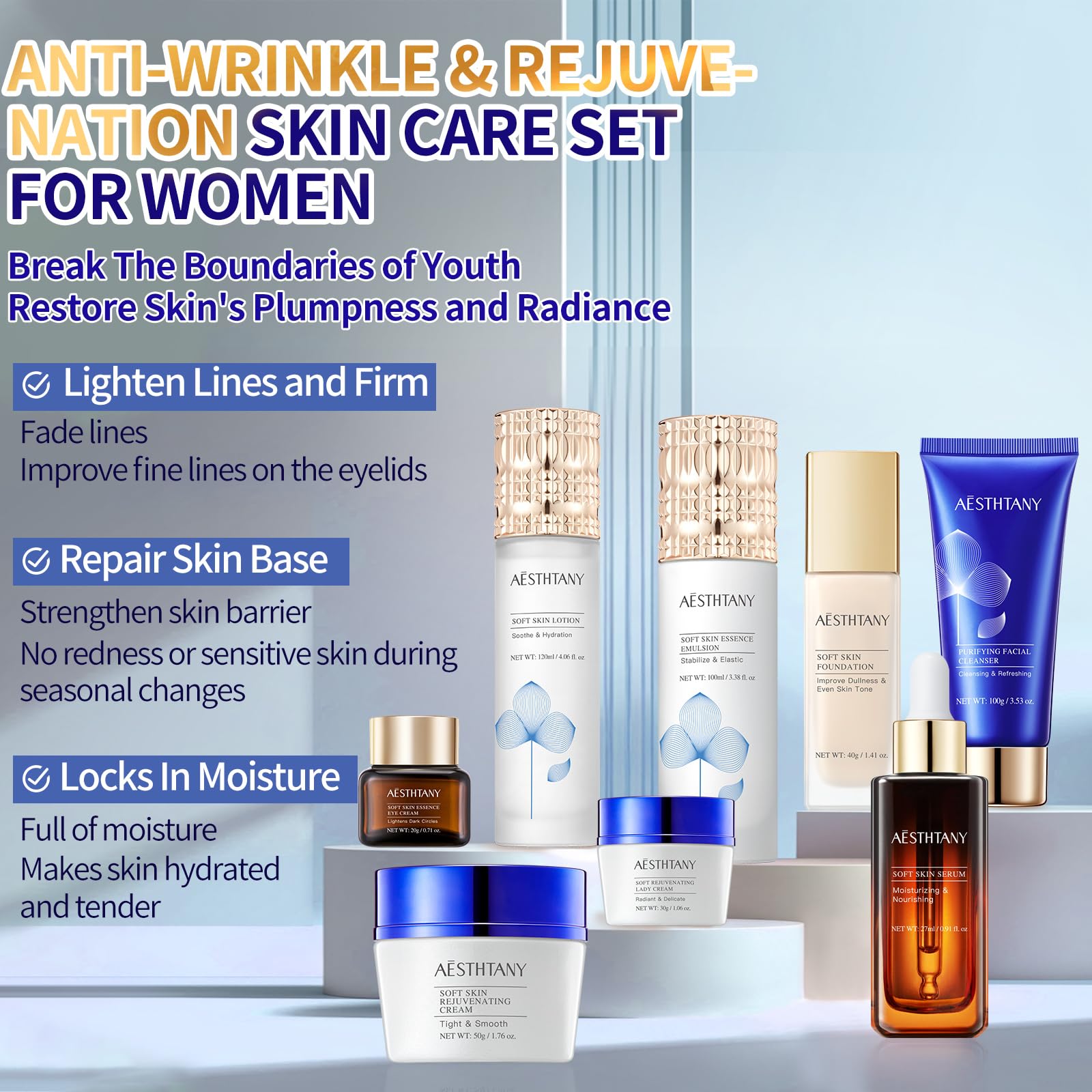 R RadiantRise hydrating serum bottle highlighting moisture-boosting formula.