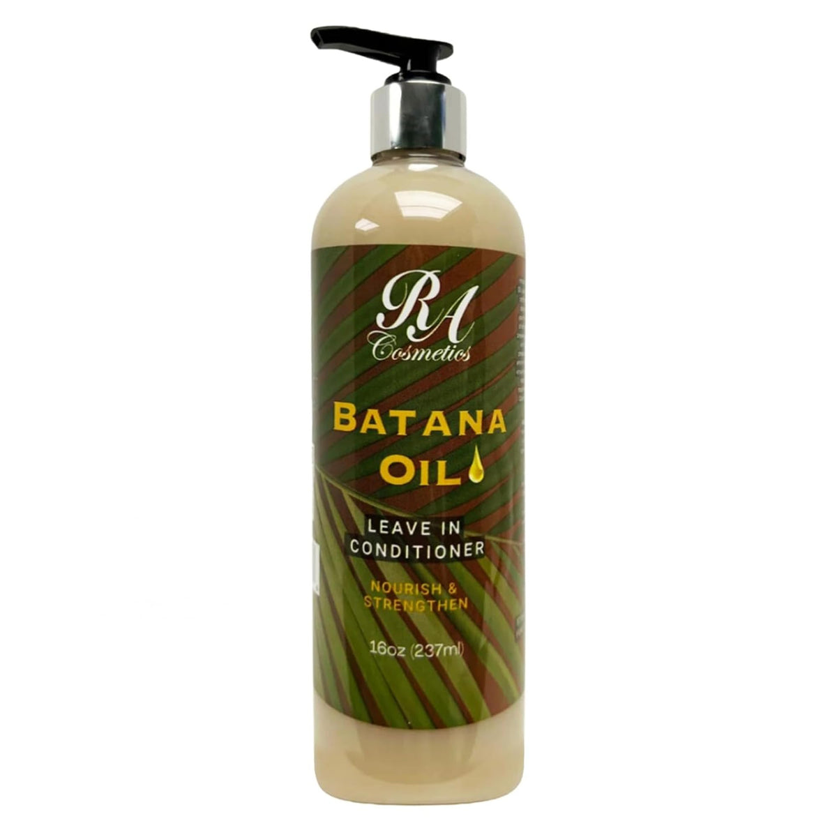 RA COSMETICS Batana Oil Leave-In Conditioner bottle close-up shows lightweight hydration for dry hair.