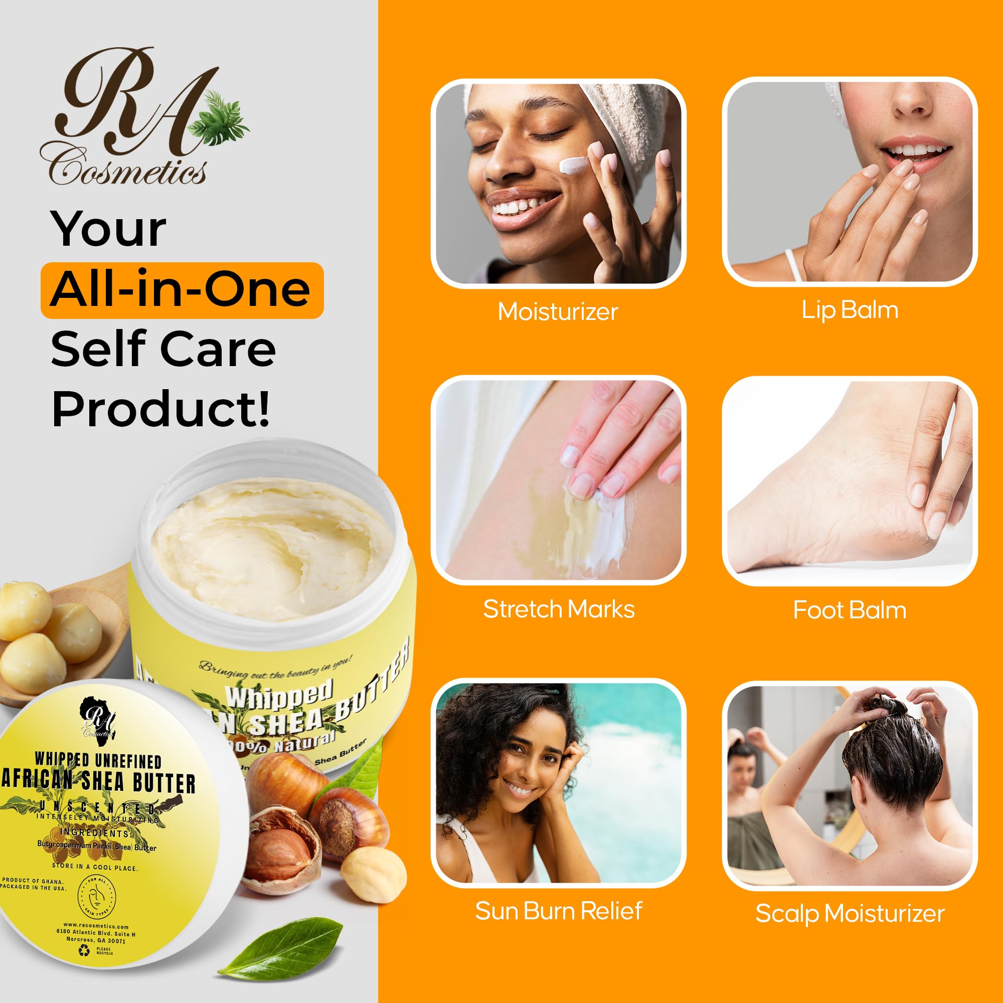RA COSMETICS Moisturizing shea balm benefits dry skin and cracked heels.