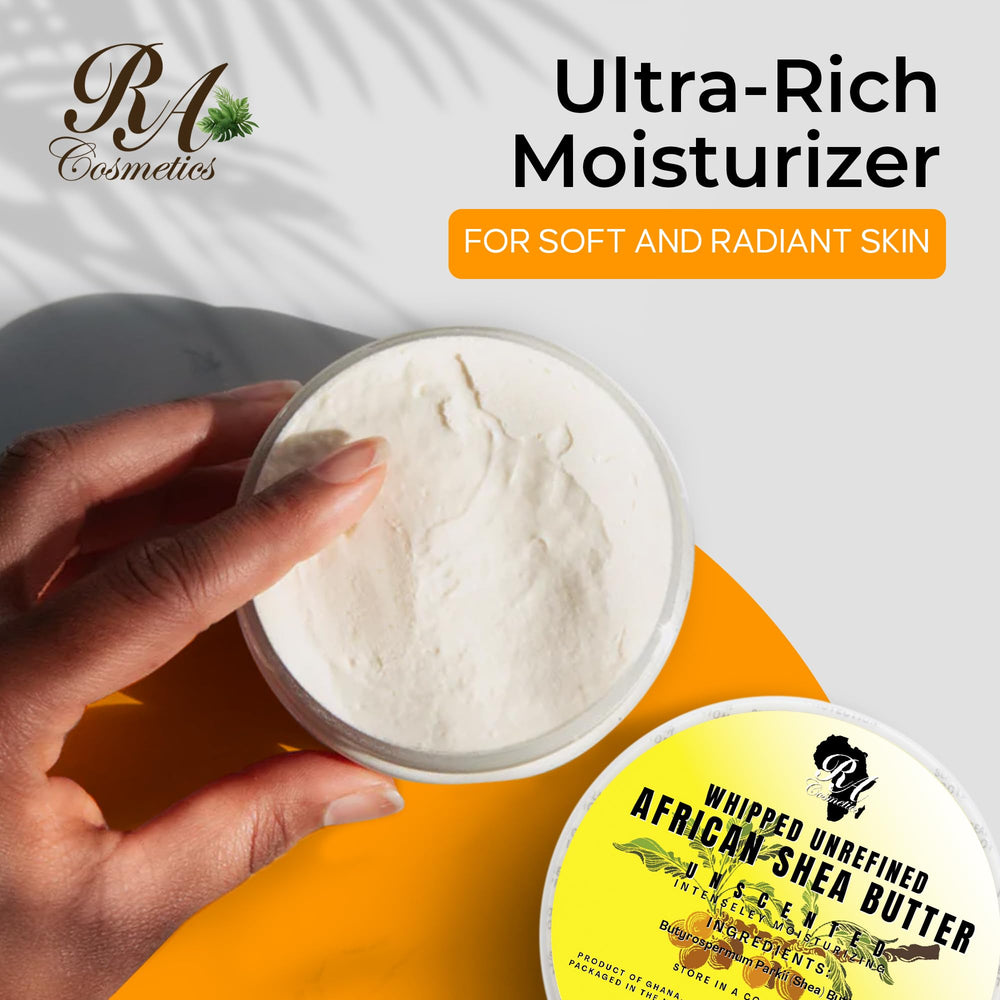 RA COSMETICS Unscented Shea Butter jar closeup highlights fragrance-free moisturizing for sensitive skin.