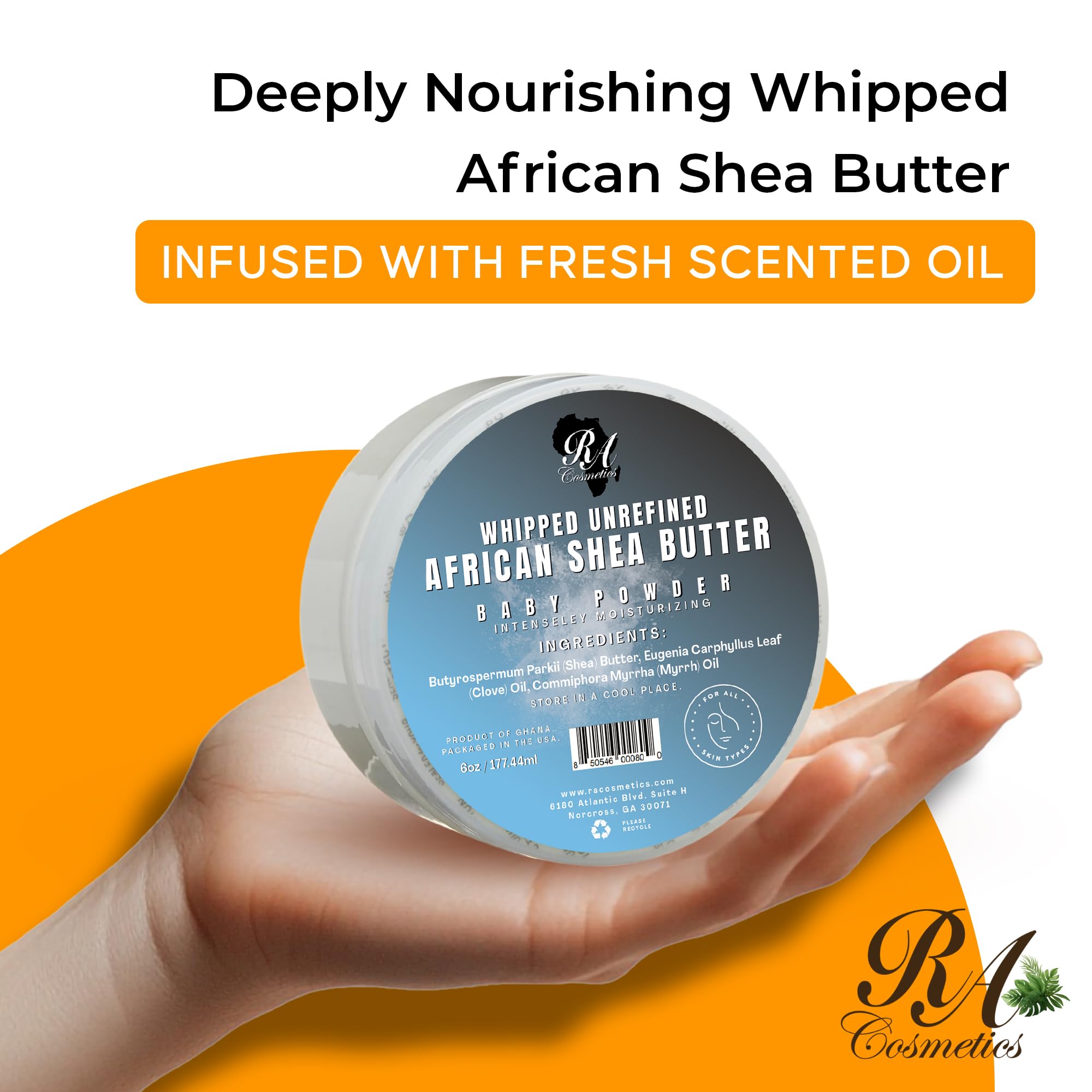 RA Cosmetics Whipped Shea Butter Baby Powder jar closeup shows creamy texture for skin