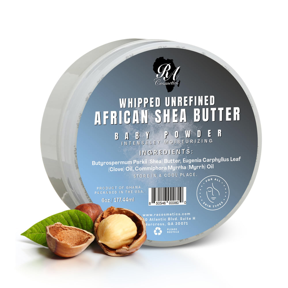 RA Cosmetics Whipped Shea Butter Baby Powder packaging highlights premium moisture for daily skin care