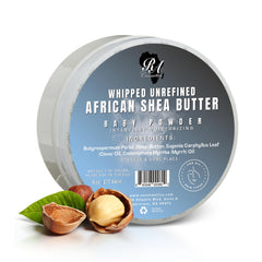 RA Cosmetics Whipped Shea Butter Baby Powder packaging highlights premium moisture for daily skin care