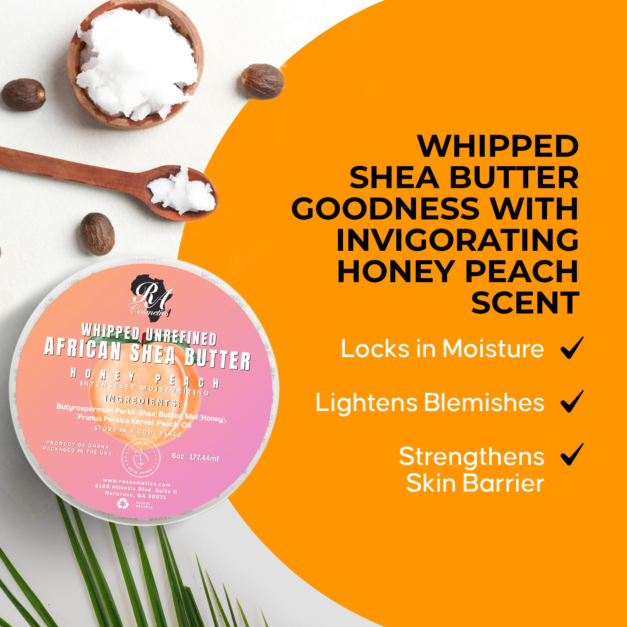 RA COSMETICS whipped shea butter honey peach hair application smooths frizz.