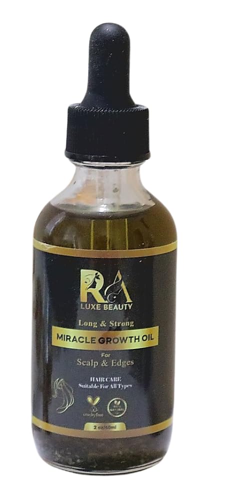 RA Luxe Beauty Miracle Hair Growth Oil bottle showcases organic blend for scalp nourishment.