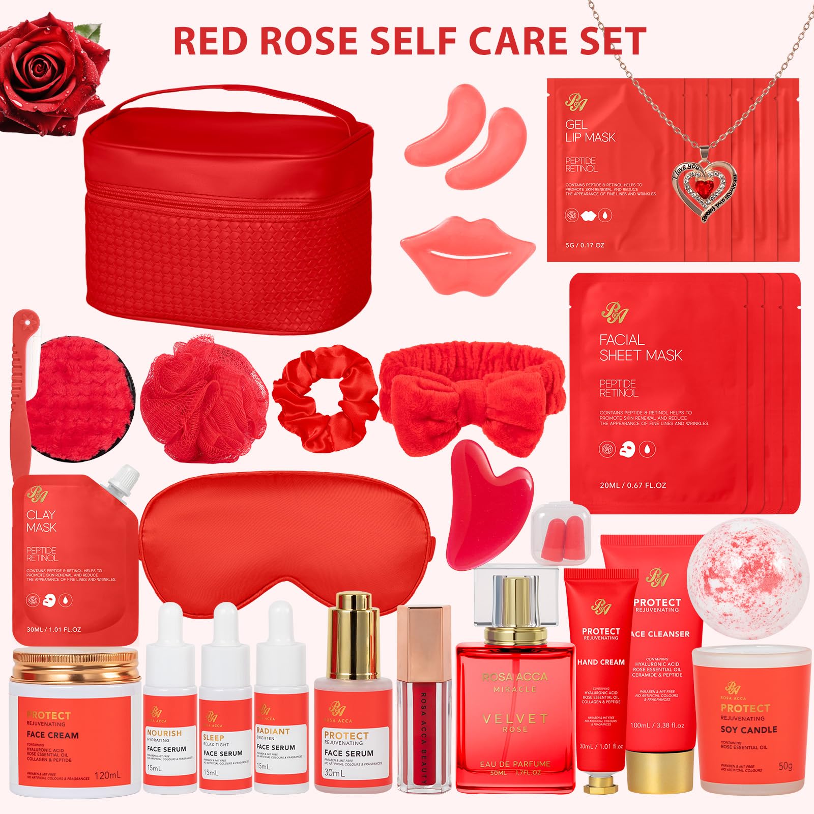 RA ROSA ACCA face cleanser, serums, and masks arranged neatly