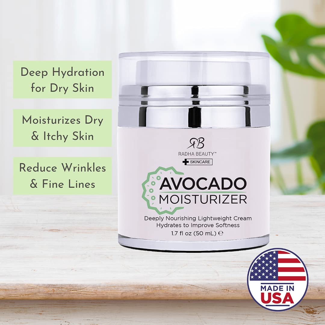 Radha Beauty Avocado Moisturizer spread on skin shows creamy, gentle hydration.