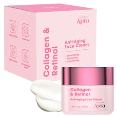 Radiant Aura Collagen & Retinol Face Cream packaging showcases premium Korean skincare.