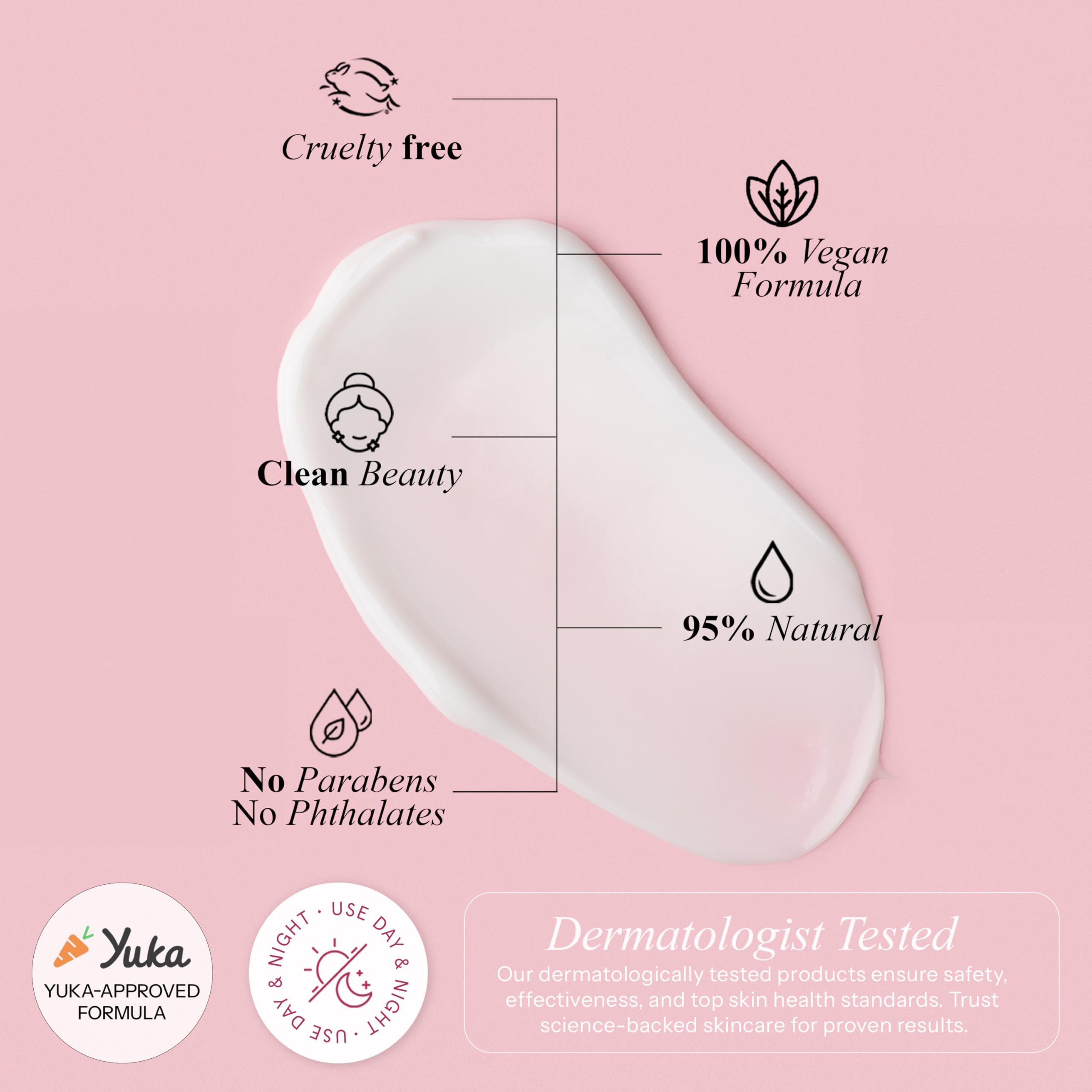 Vegan clean beauty badge emphasizes cruelty-free, non-GMO formulation.
