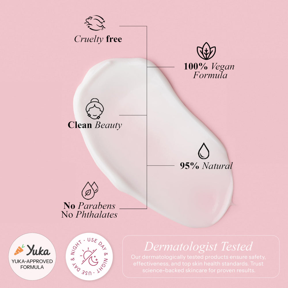 Vegan clean beauty badge emphasizes cruelty-free, non-GMO formulation.