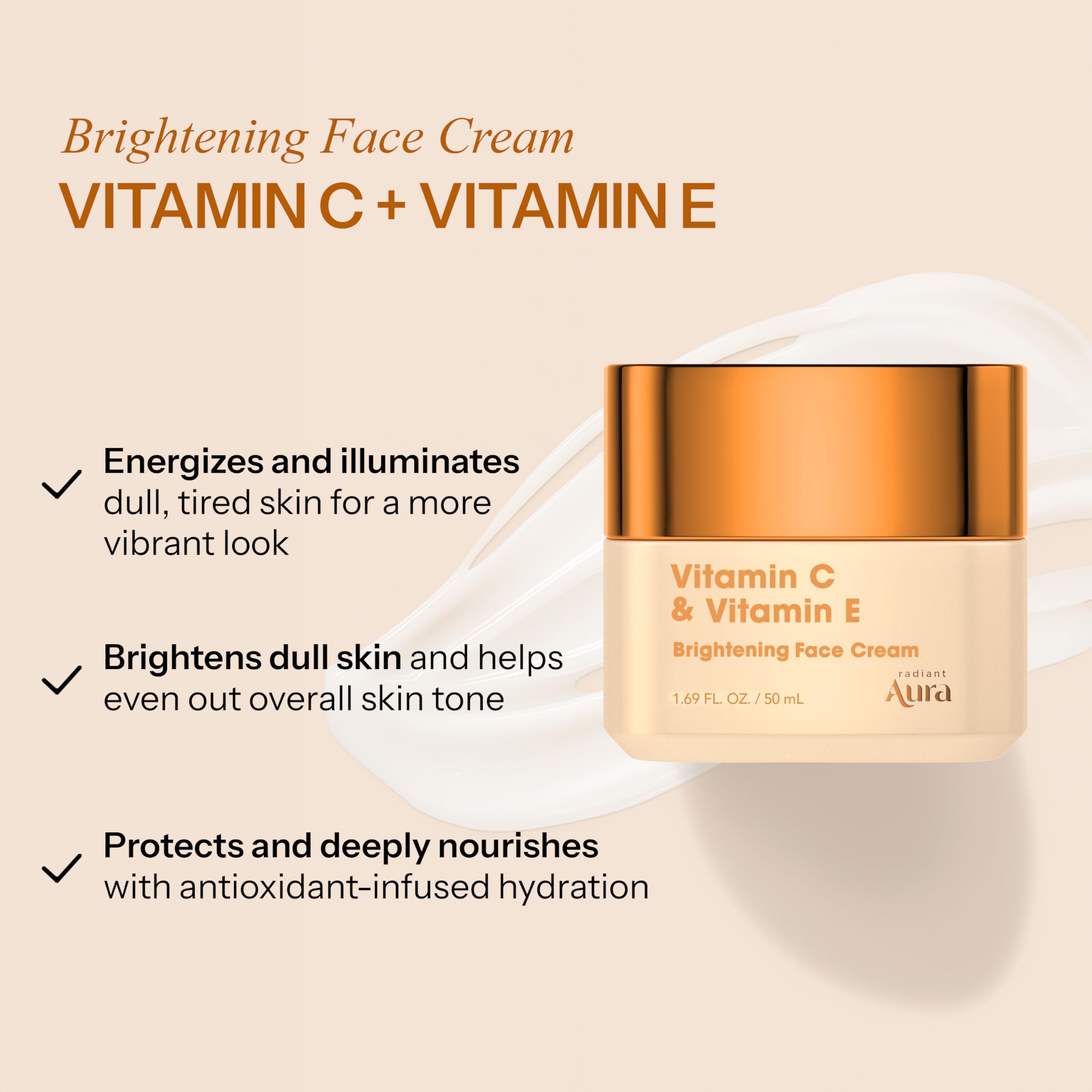 Closeup of Radiant Aura cream texture showing smooth, fast-absorbing formula.