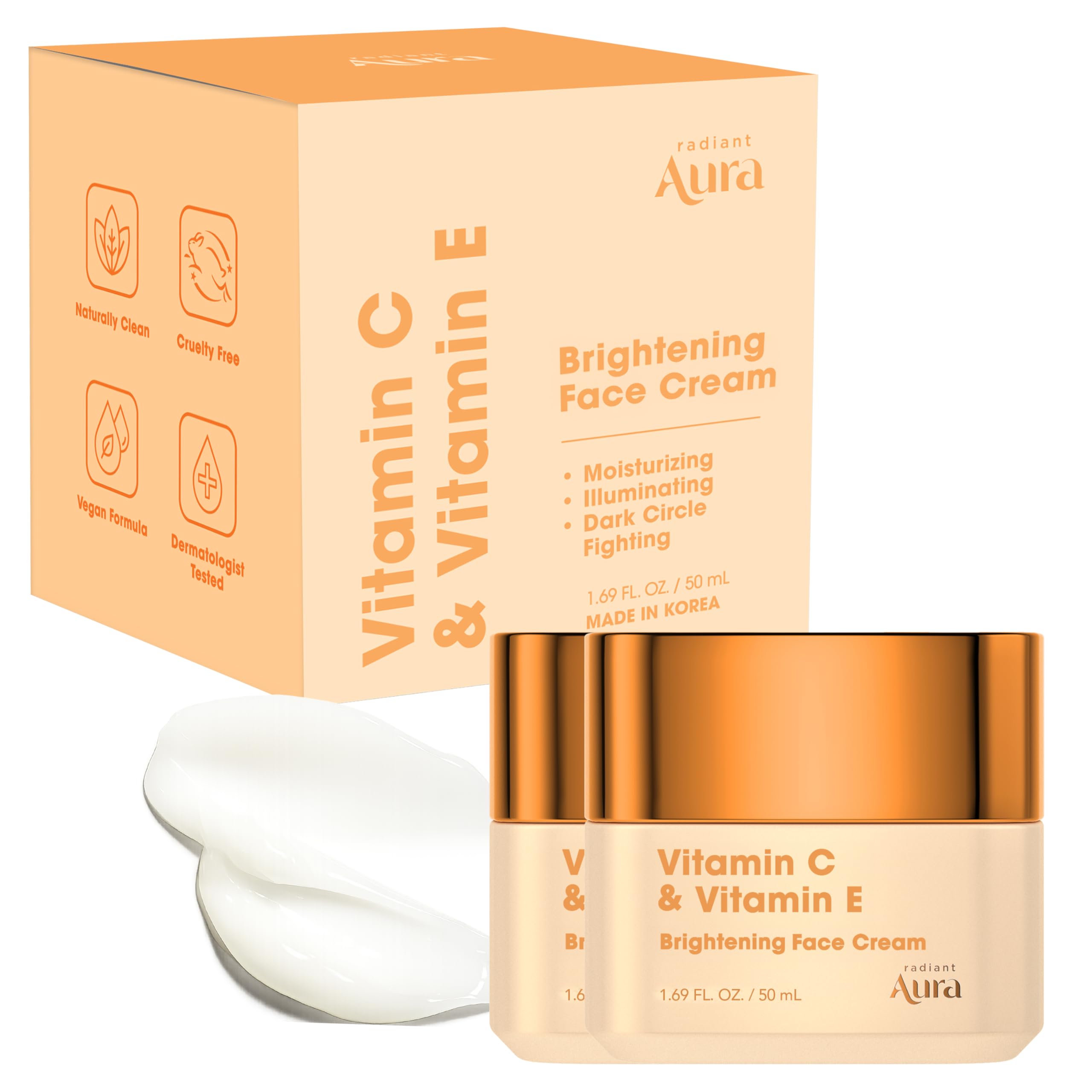 Radiant Aura Vitamin C & Vitamin E face cream packshot highlighting lightweight hydration for daily use.