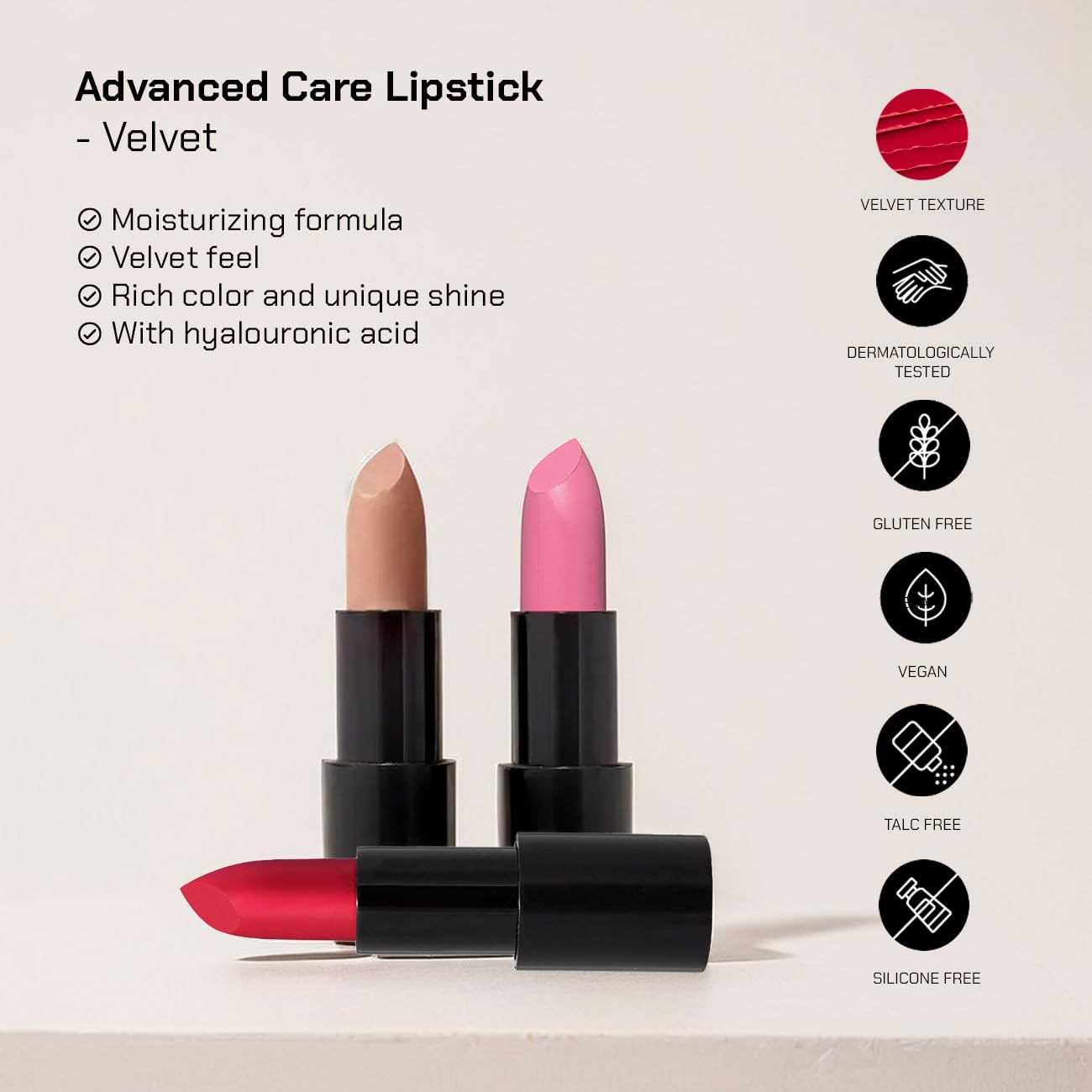 Radiant Professional Velvet finish lip look for a soft matte effect.