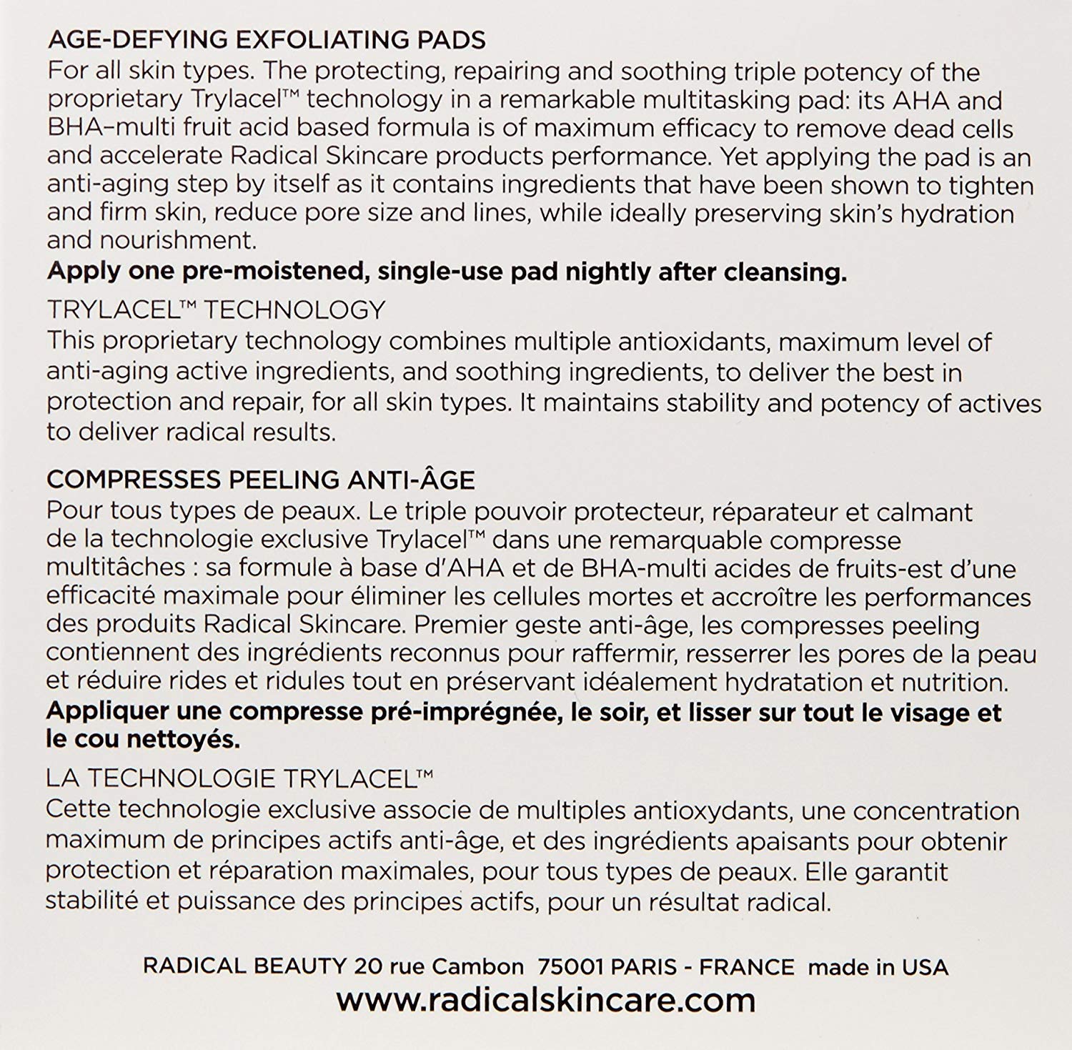 Radical Skincare Age-Defying Exfoliating Pads cruelty-free and paraben-free branding emphasized