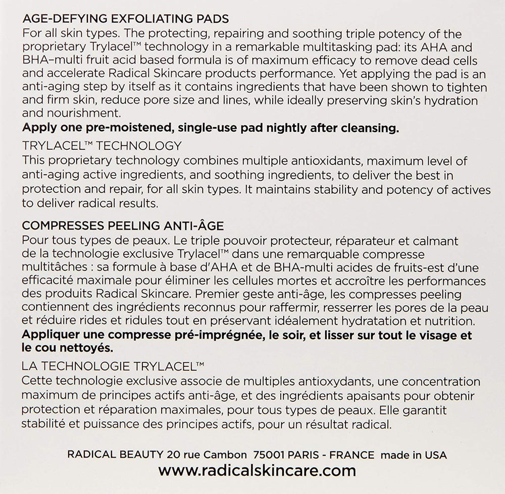 Radical Skincare Age-Defying Exfoliating Pads cruelty-free and paraben-free branding emphasized