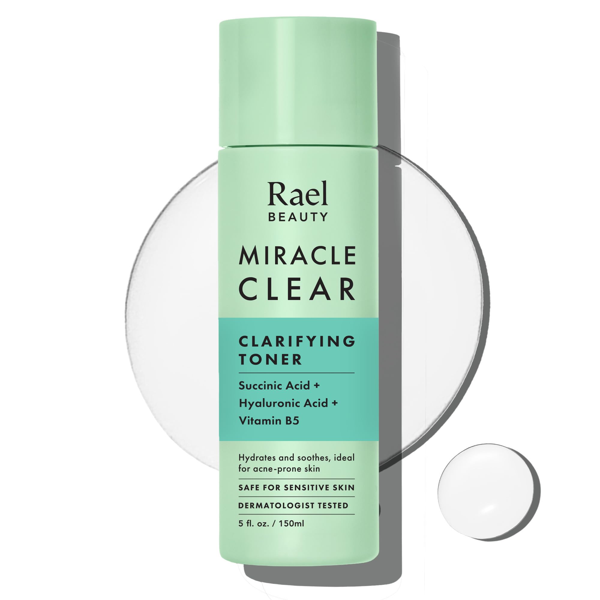 Rael Miracle Clear toner bottle close-up shows sleek packaging and oil-control potential.