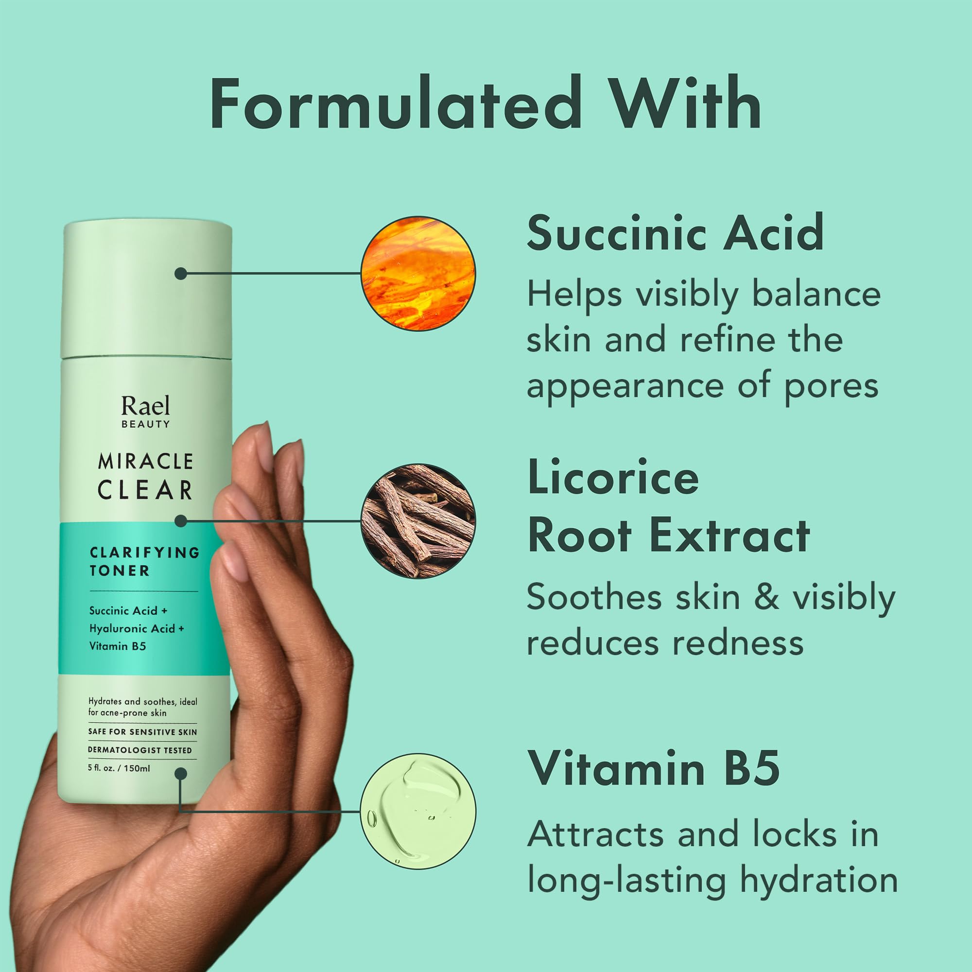 Rael Miracle Clear toner label detail displays key ingredients and gentle formula.