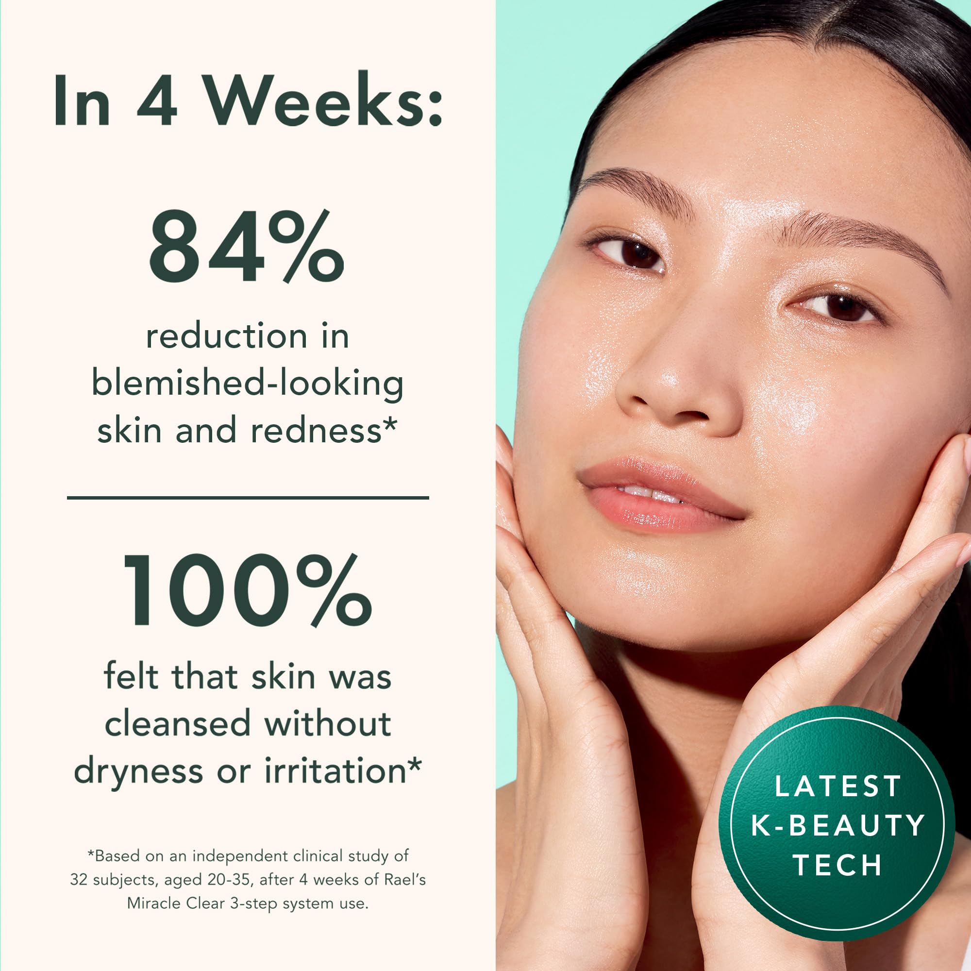Rael Miracle Clear toner swirls on cheek for smooth, hydrated skin.