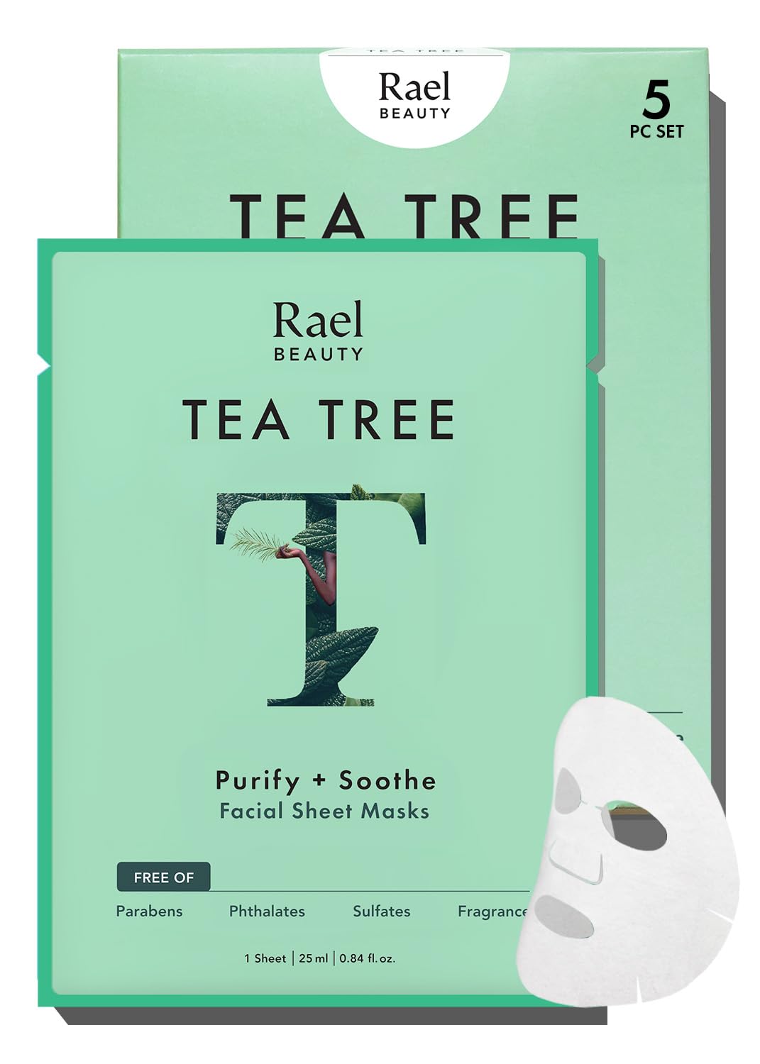 Rael tea tree face mask packaging shows a sleek box for all skin types.