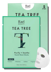 Rael tea tree face mask packaging shows a sleek box for all skin types.