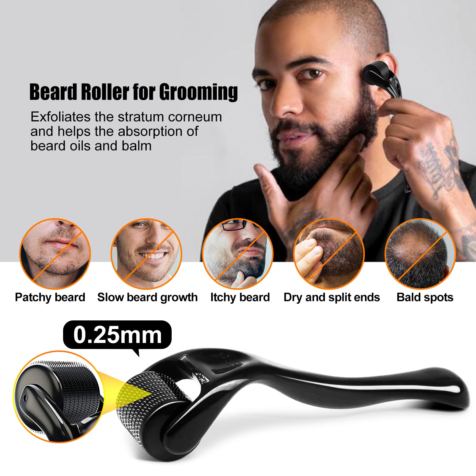 RAFFIN beard massager close-up demonstrating how it aids oil absorption for fuller-looking beard.