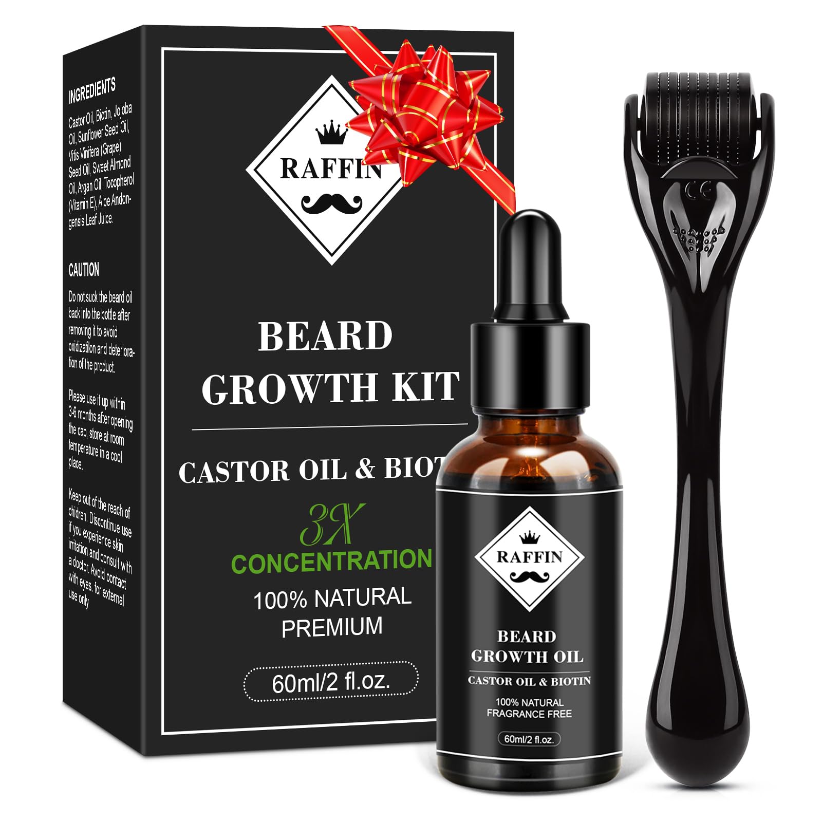 RAFFIN Beard Growth Kit oil bottle close-up illustrating nourishing formula for daily beard care.