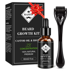 RAFFIN Beard Growth Kit oil bottle close-up illustrating nourishing formula for daily beard care.