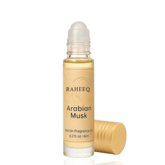 Raheeq Arabian Musk perfume oil bottle shows long-lasting fragrance for all-day wear.
