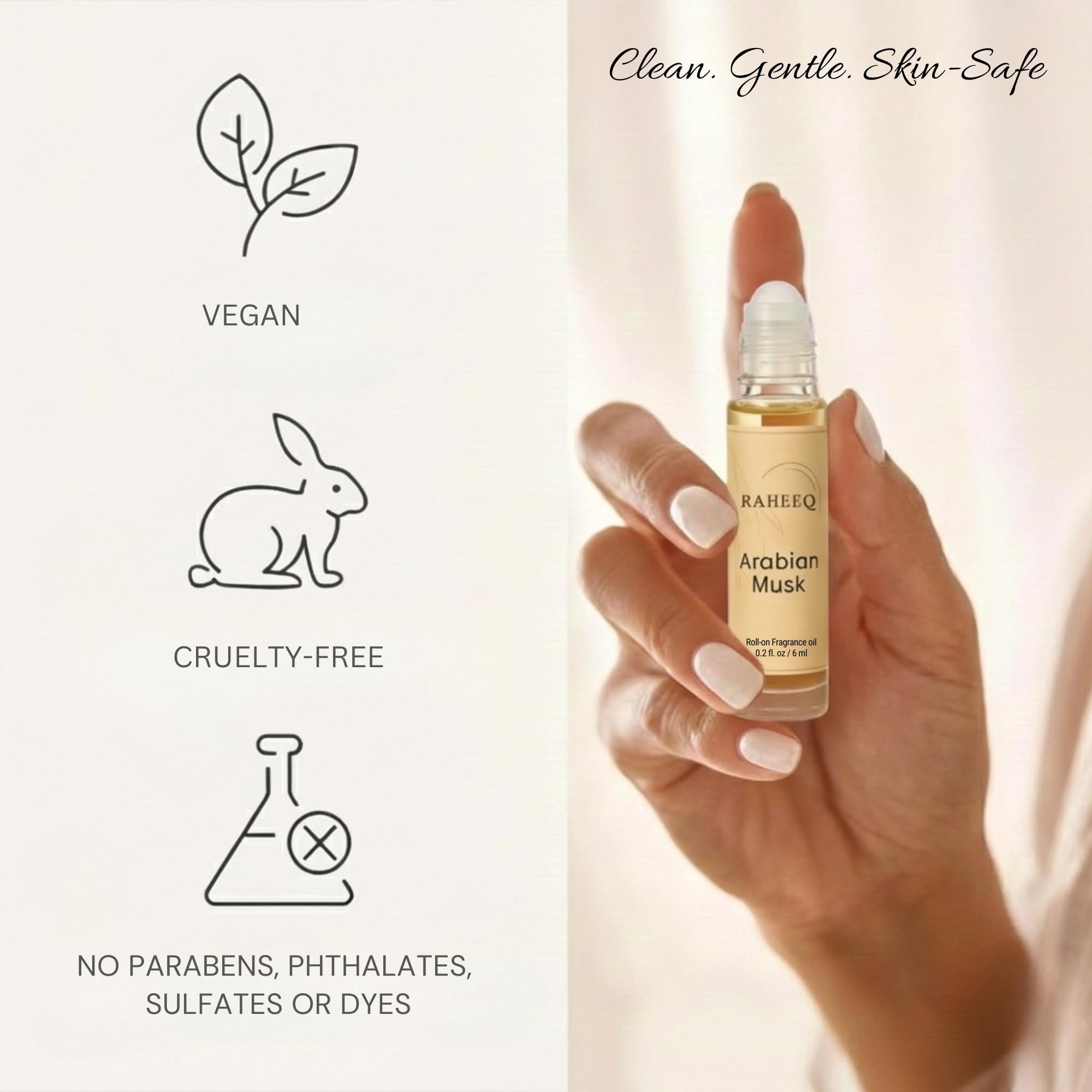Raheeq Arabian Musk on skin reflects alcohol-free, gentle formula.