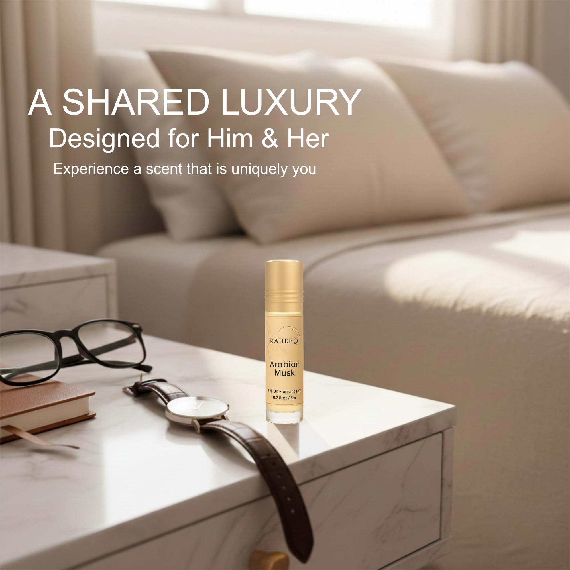 Raheeq Arabian Musk travel size bottle is convenient for on-the-go fragrance.