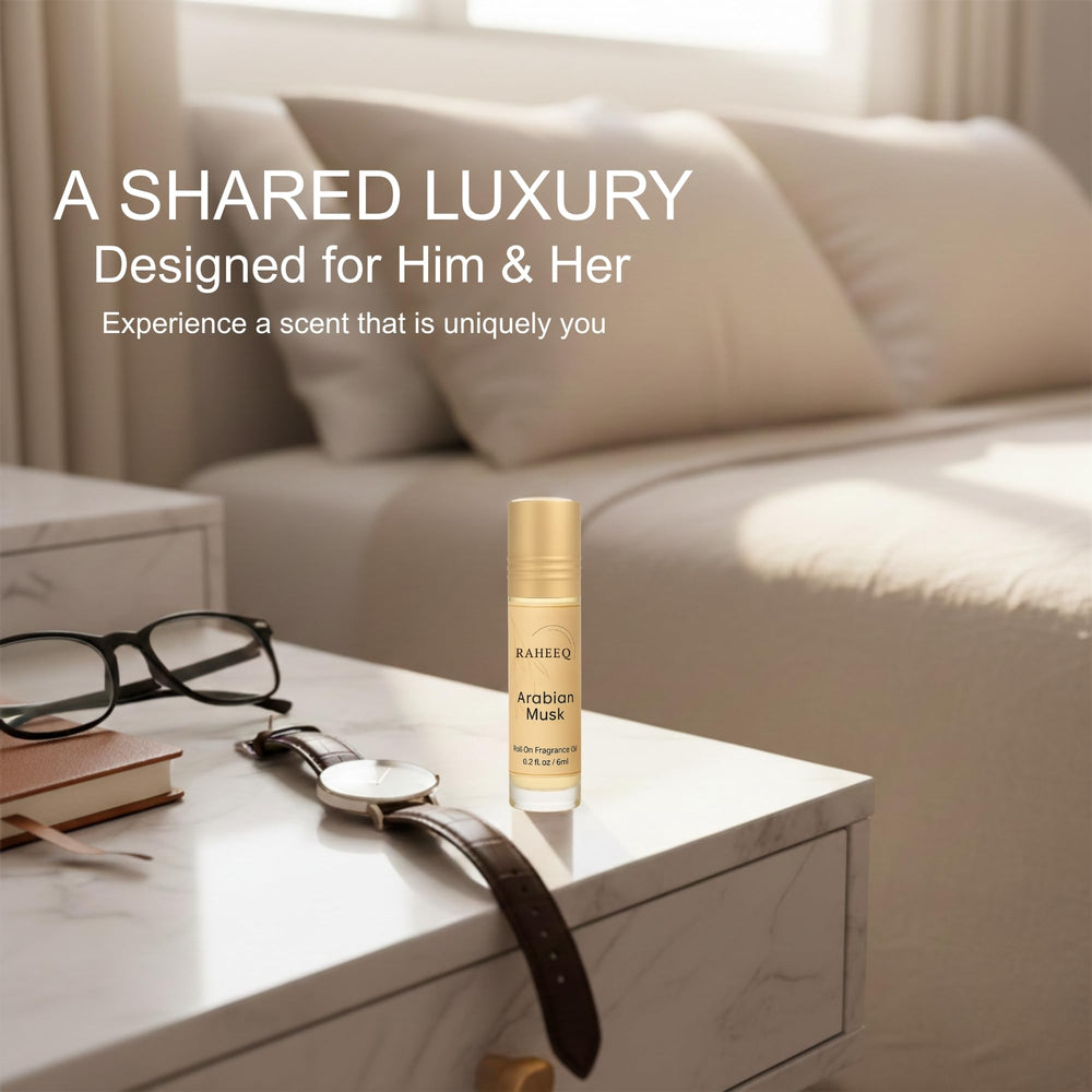 Raheeq Arabian Musk travel size bottle is convenient for on-the-go fragrance.