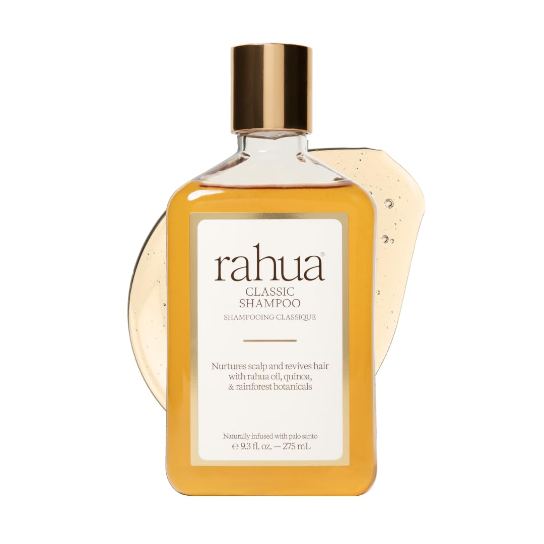Rahua Classic Shampoo bottle pour demonstrates gentle, balanced cleansing for all hair types.