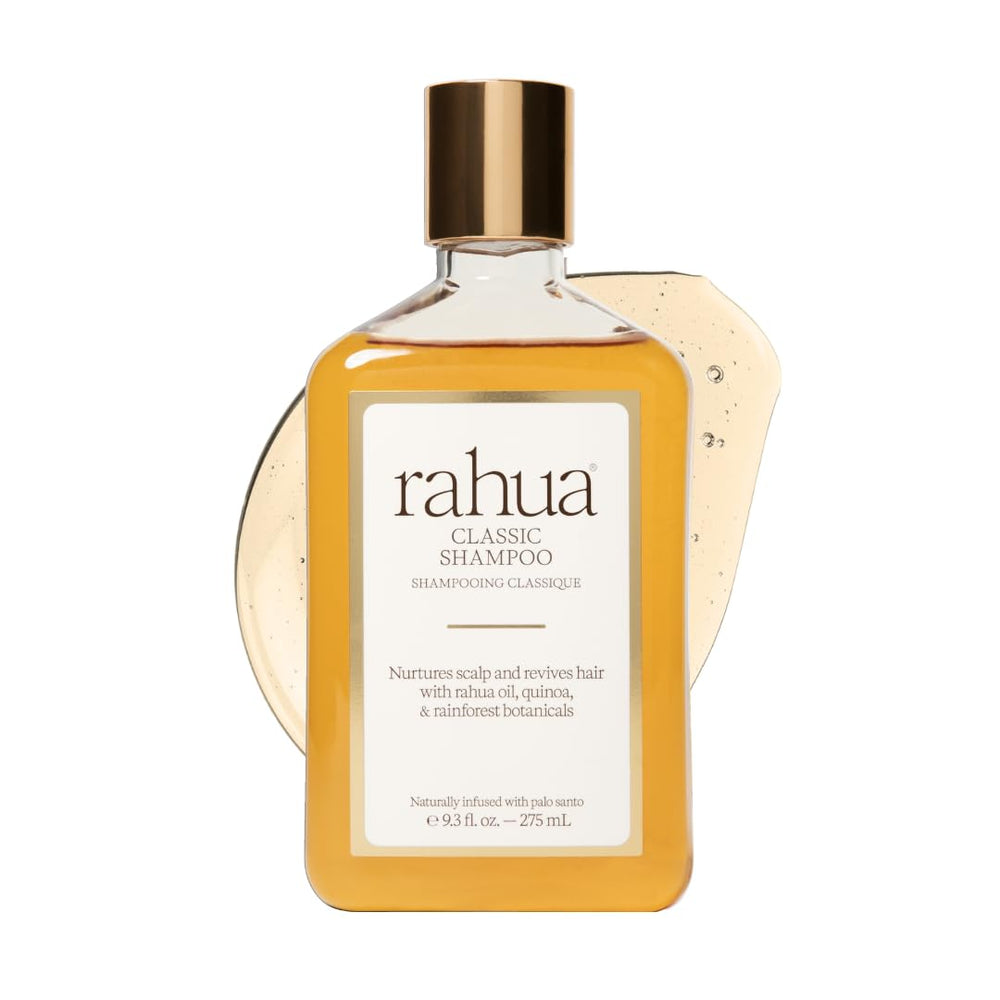 Rahua Classic Shampoo bottle pour demonstrates gentle, balanced cleansing for all hair types.