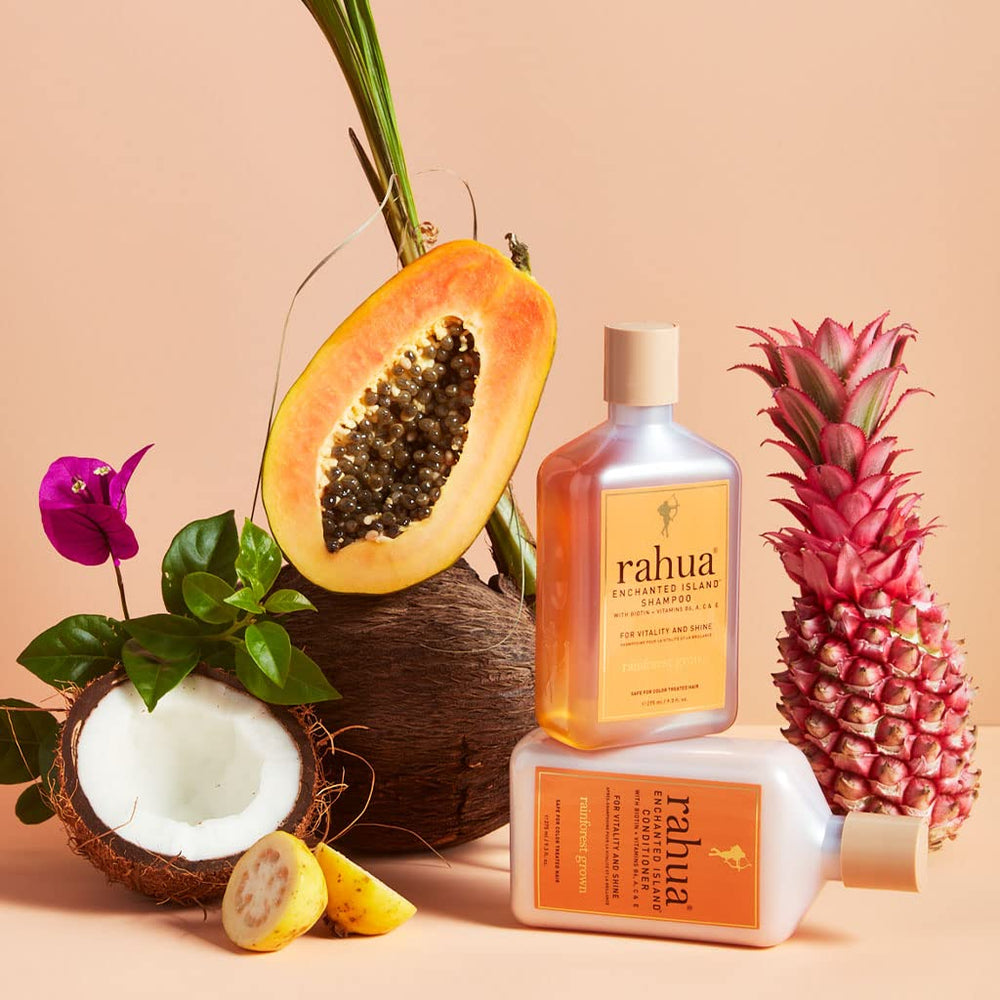 Rahua Enchanted Island Shampoo coconut guava scent close-up.
