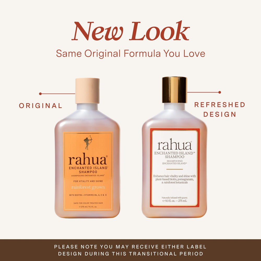 Rahua Enchanted Island Shampoo pour action shows tropical lather and coconut guava scent.