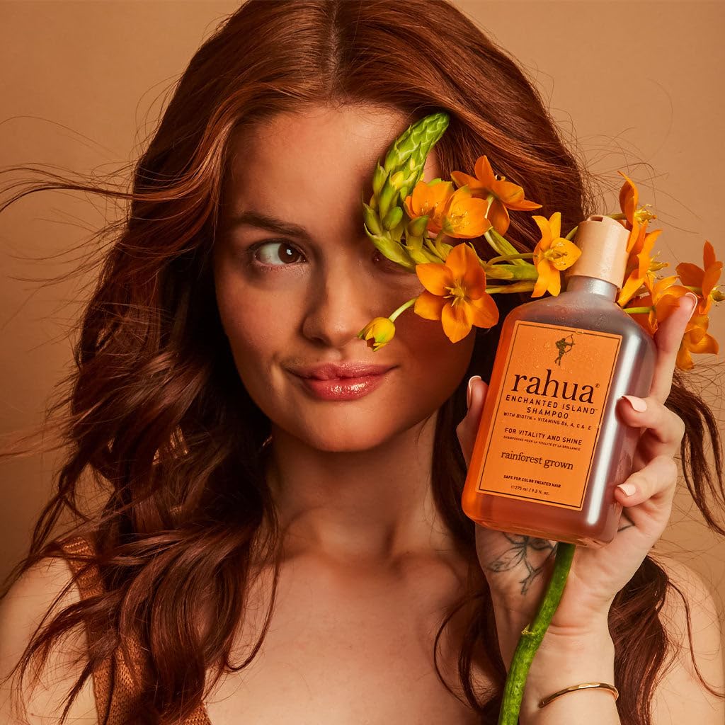 Rahua Enchanted Island Shampoo oil blend showcases shine and hair strength.