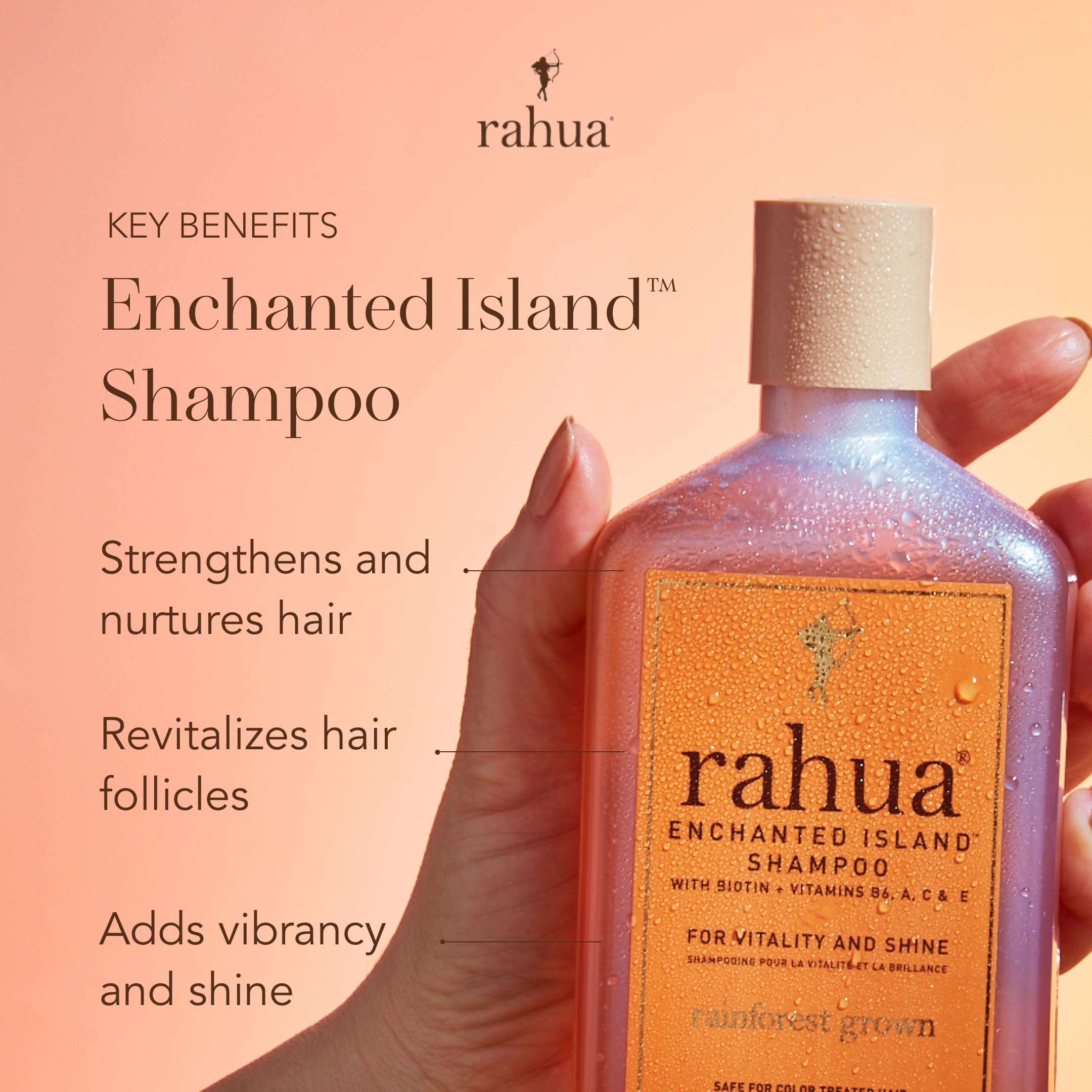Rahua Enchanted Island Shampoo wet hair application emphasizes nourishing biotin blend.