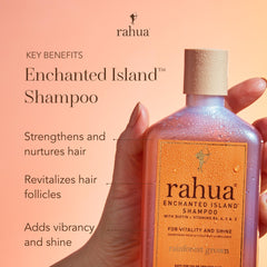 Rahua Enchanted Island Shampoo wet hair application emphasizes nourishing biotin blend.