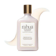 Rahua Hydration Shampoo bottle close-up showing rich moisture for dry hair.