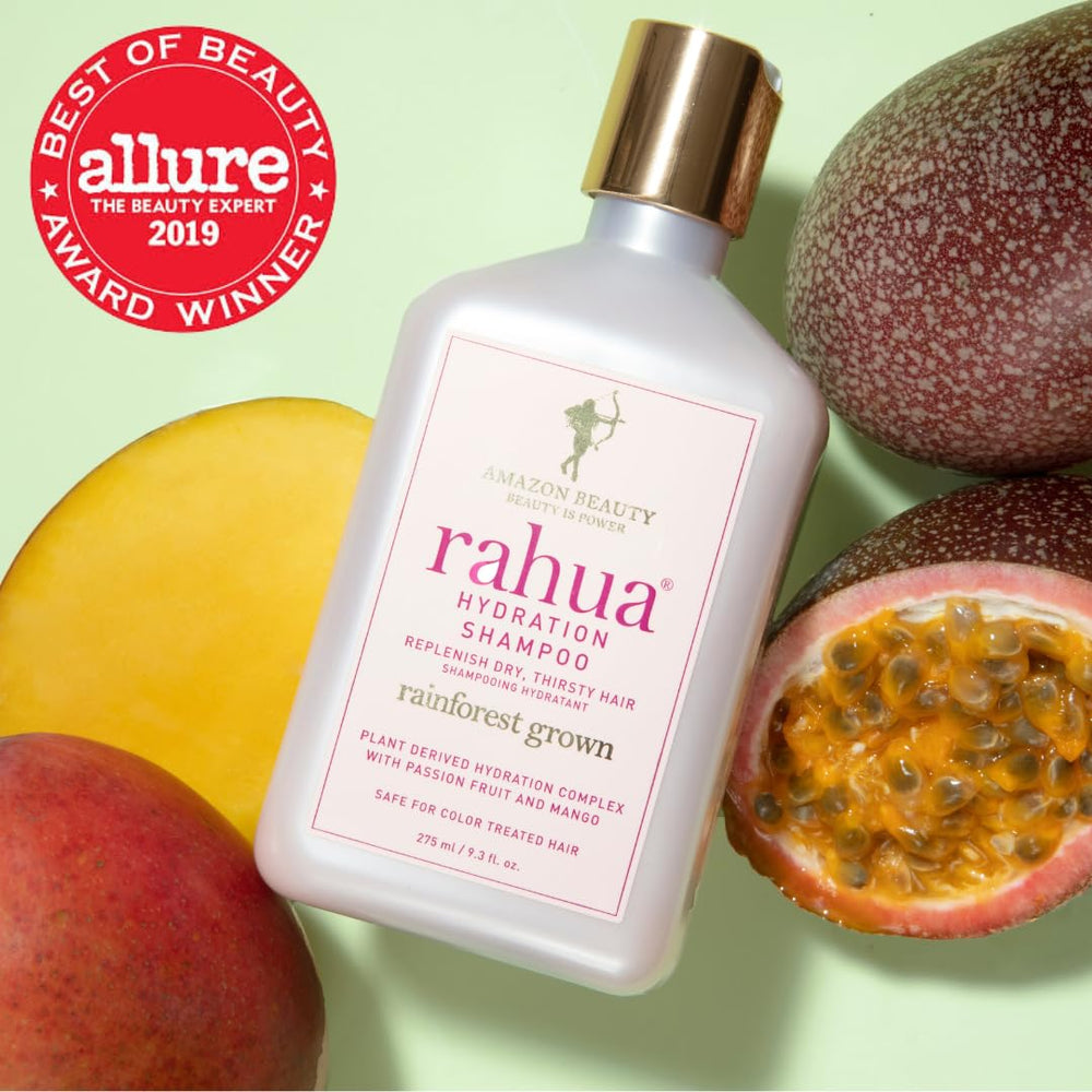 Rahua Hydration Shampoo mango-passion-fruit fragrance suggests tropical scent.