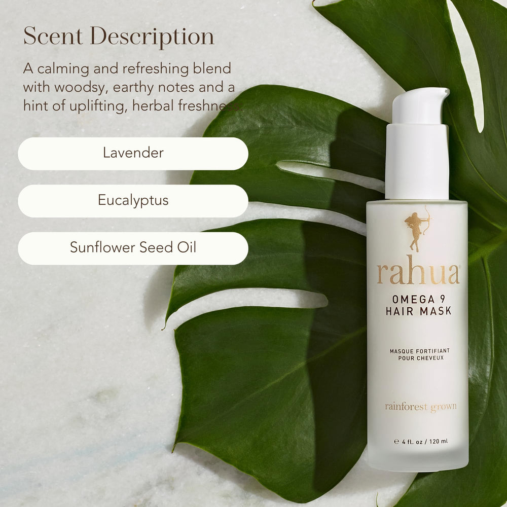 Rahua Omega 9 Hair Mask lavender and eucalyptus aroma scene illustrating relaxing sensory experience.