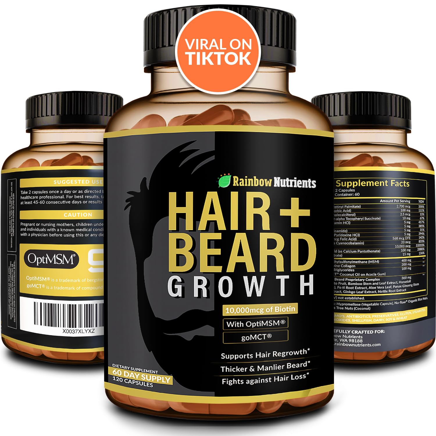 Rainbow Nutrients hair-beard growth vitamins bottle front for stronger-looking hair.
